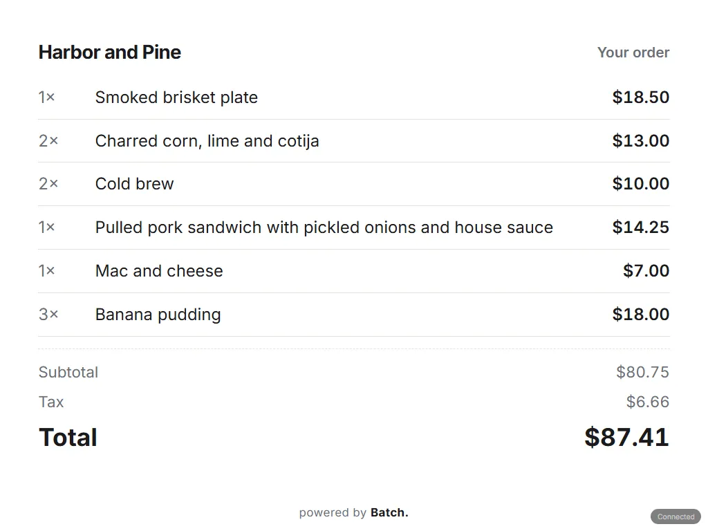 The order screen a customer sees, on a tablet, for a fictional business, Harbor & Pine: line items, subtotal, tax and the total.