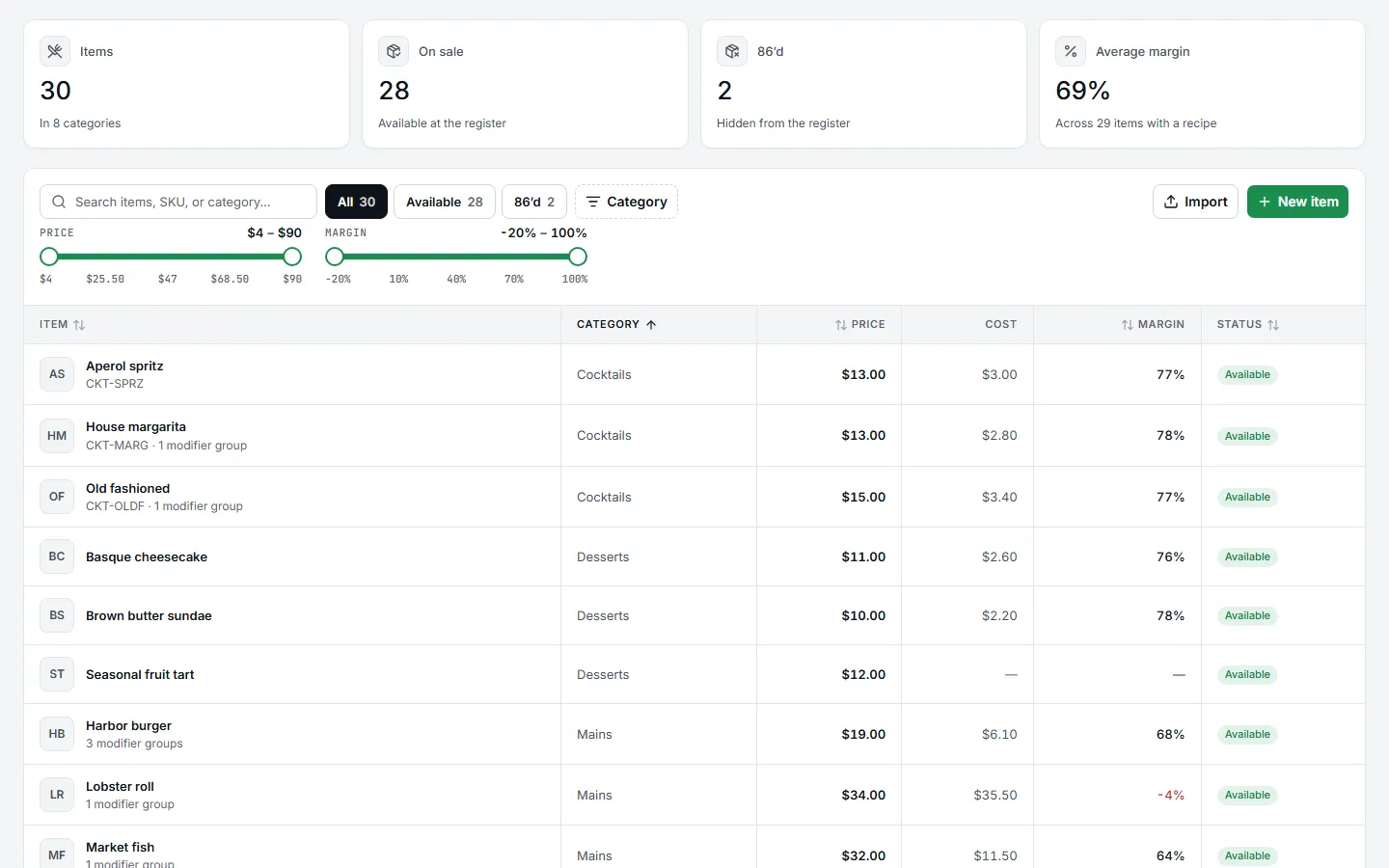 The Batch menu list: items with price, cost and margin.